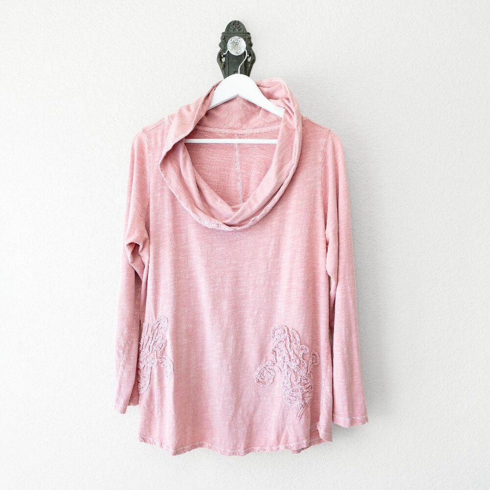 Soft Surroundings Pink Cotton Tunic Top L Cowl Neck Embroidered Boho Blouse